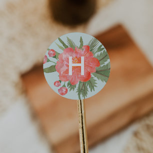 Winter Peony Monogram Runder Aufkleber