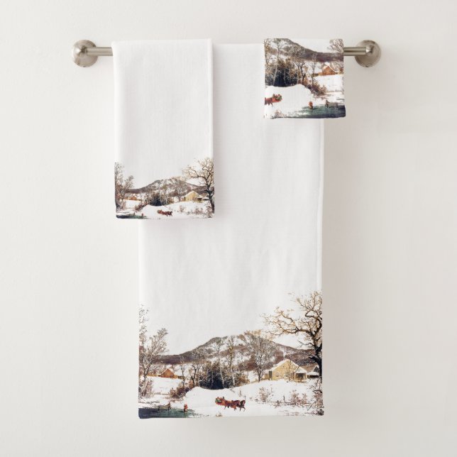 Winter-Pferdesleigh-Bauernhaus-Teich-Bad-Tuch-Set Badhandtuch Set (Insitu)