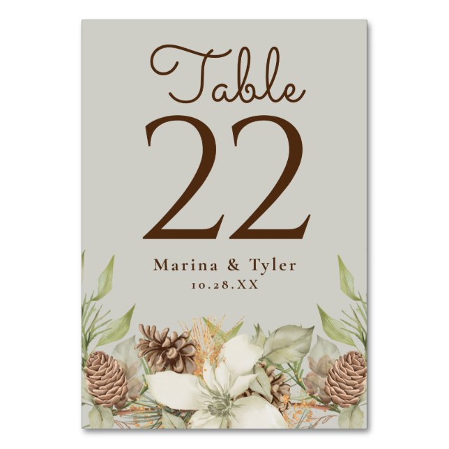 Winter Pine Beige Hochzeitskarte für Tischnummern (Rückseite)