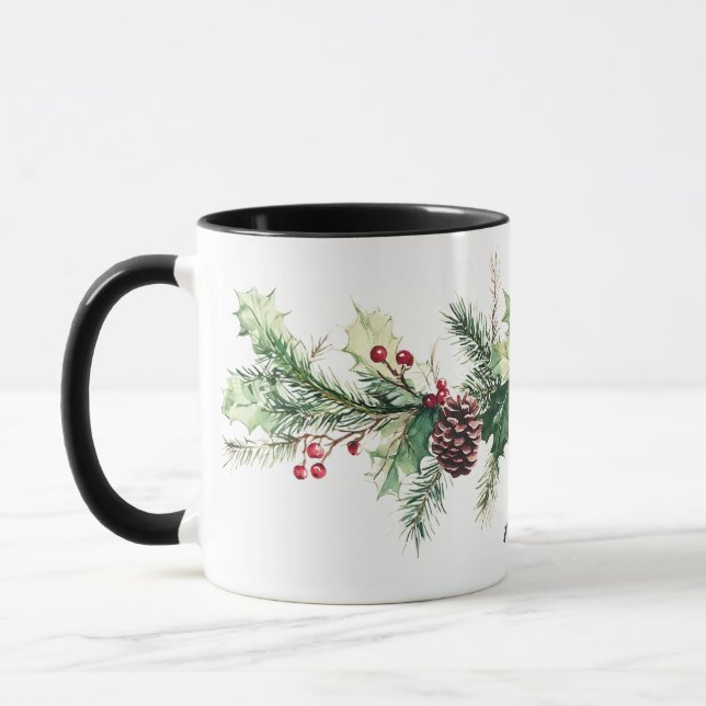 Winter Pine Berry Personalisierter Name Feiertag Tasse (Links)