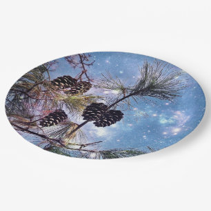 Winter Pine Cones unter einem Sternenhimmel Pappteller