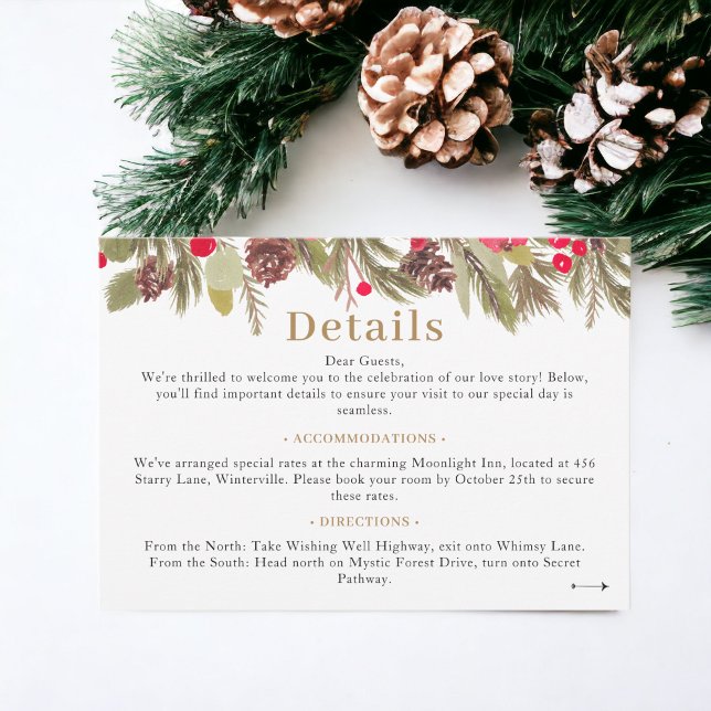 Winter pine elegance red green Wedding details Begleitkarte (Winter pine elegance red green Wedding details Enclosure Card)