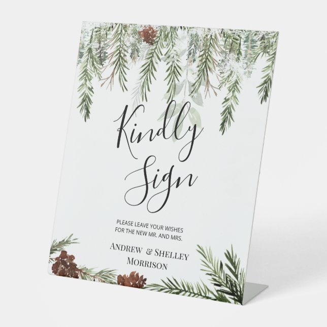 Winter Pine Kindly Sign Wedding Gästebuch Sockelschild (Vorderseite)