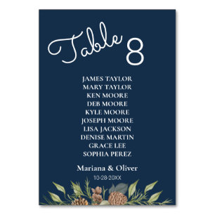 Winter Pine Navy Blue Tischnummer Card mit Namen