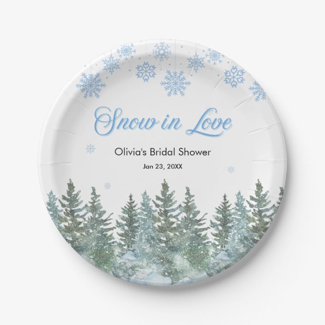 Winter Pine Snow in Love Schneeflocken Brautparty Pappteller (Vorderseite)