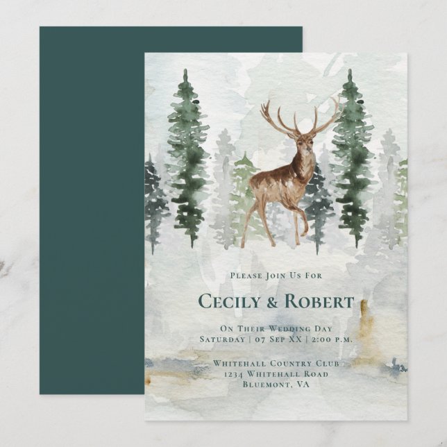 Winter Pine Tree Forest Deer Antlers Wedding Einladung (Vorne/Hinten)
