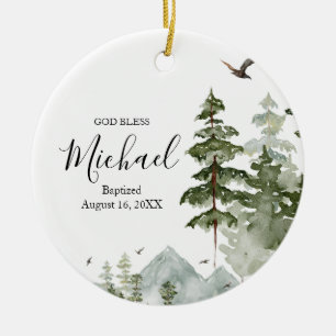 Winter Pine Tree Forest Taufe Gott segne Keramik Ornament