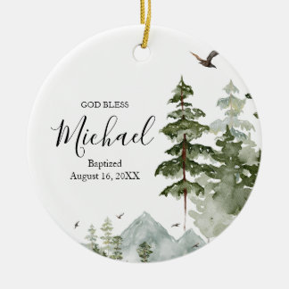 Winter Pine Tree Forest Taufe Gott segne Keramik Ornament