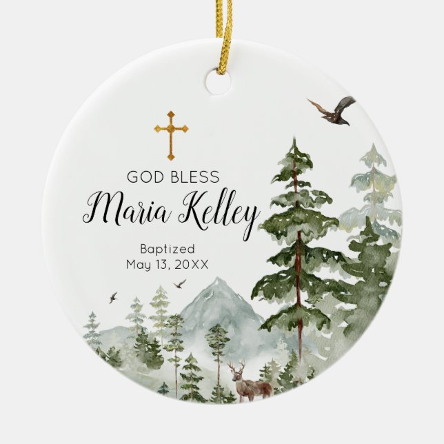 Winter Pine Tree Personalisiert Girl Baptisse Keramik Ornament (Vorne)