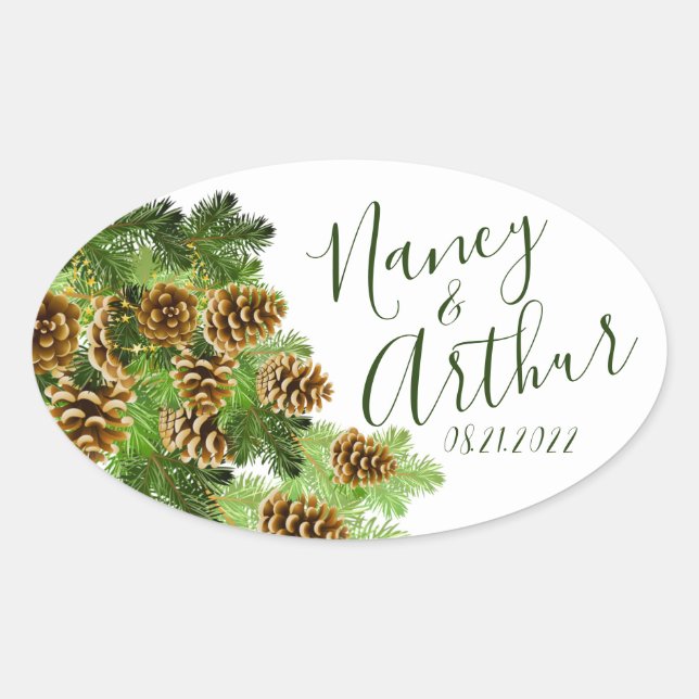 Winter Pine Tree & Pine Cones Hochzeit Ovaler Aufkleber (Vorderseite)