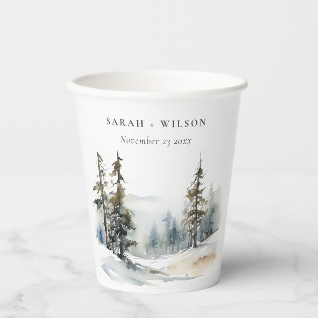 Winter Pine Tree Snow Landschaft Wasserfarbene Hoc Pappbecher (Vorderseite)