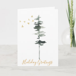 Winter Pine Tree und Birds Wasserfarbe Karte