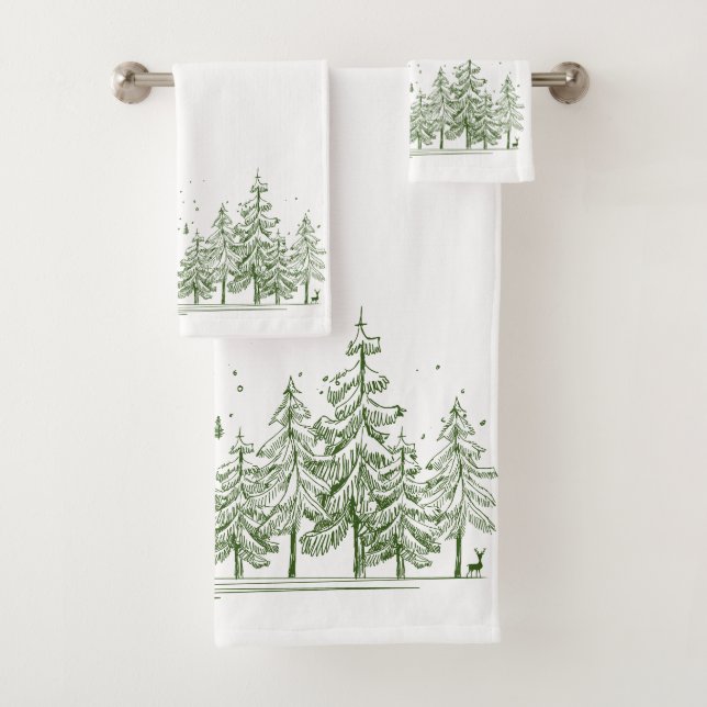 Winter Pine Trees and Deer CHANGE FARBE Badhandtuch Set (Insitu)
