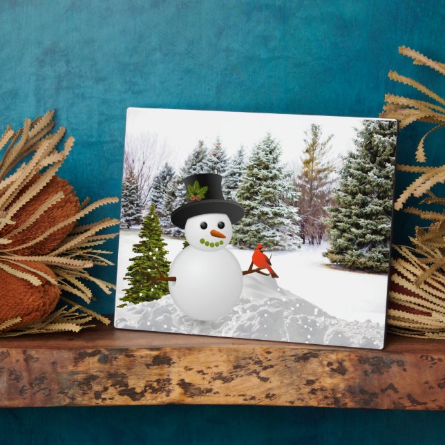 Winter Pine Trees Snowman und Kardinal Bird Fotoplatte (Seite)