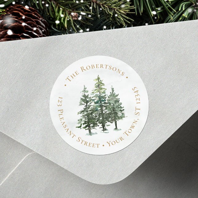 Winter Pine Trees Weihnachts Runde Rücksendeadress Runder Aufkleber (Von Creator hochgeladen)