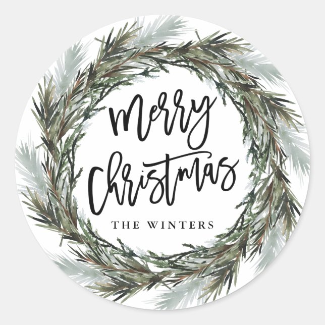 Winter Pine Wreath Frohe Weihnachts Classic Runde  Runder Aufkleber (Vorderseite)