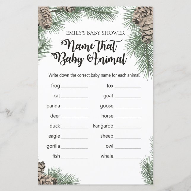 Winter Pinecone Baby Shower Game mit Antwort (Vorderseite)