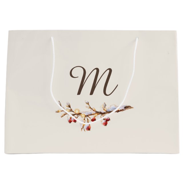Winter Pinecone & Berry  Monogram Große Geschenktüte (Vorderseite)