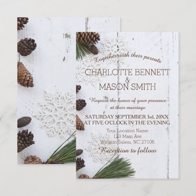 Winter Pinecone und Schneeflocken Hochzeitskarte Einladung (Vorne/Hinten)