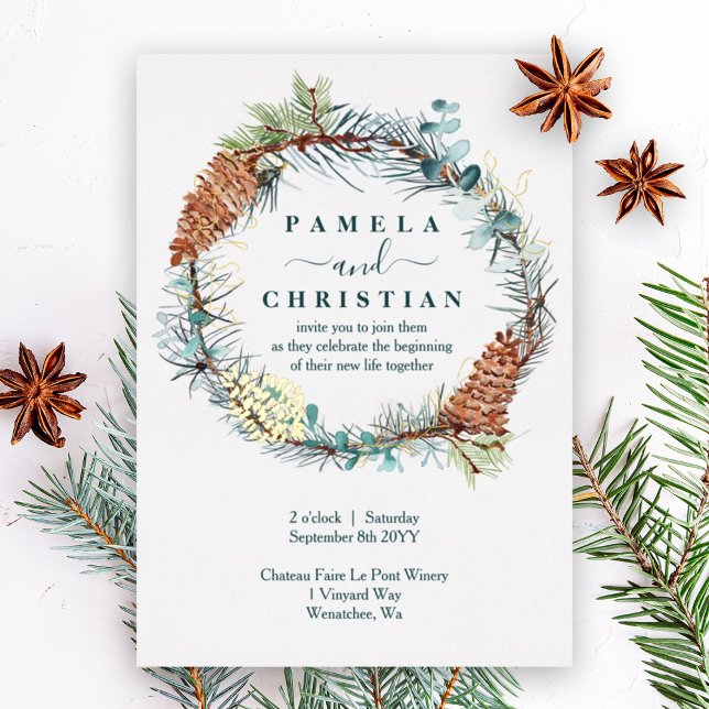 Winter Pinecone Wreath, Eukalyptus Wedding Folieneinladung (winter eucalyptus leaves rustic pinecones wedding invitation with gold foil pinecone & pine needles)