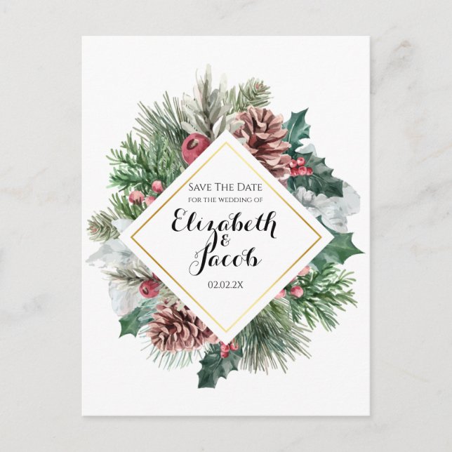 Winter Pinecones and Holly Save the Date Postkarte (Vorderseite)