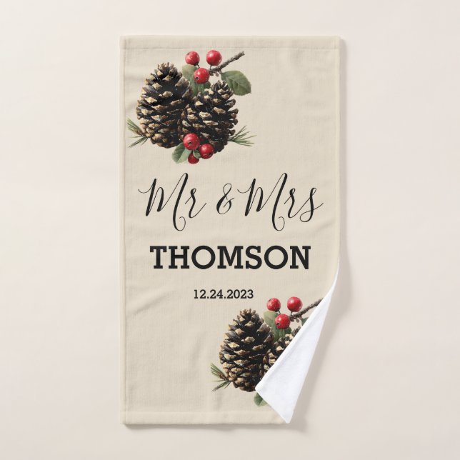 Winter Pinecones & Berries Family Throw Pillow Badhandtuch Set (Handtuch)