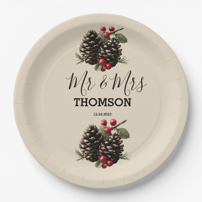 Winter Pinecones & Berries Family Throw Pillow Pappteller (Vorderseite)
