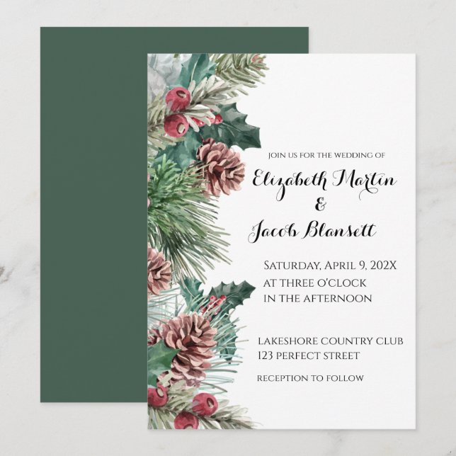 Winter Pinecones und Holly Wedding Einladung (Vorne/Hinten)