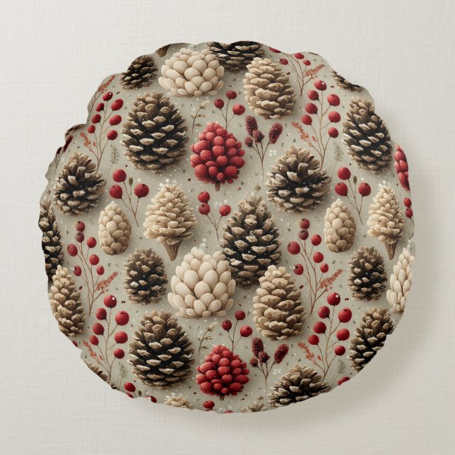 Winter Pinecones und Rote Berries Rundes Kissen (Vorderseite)