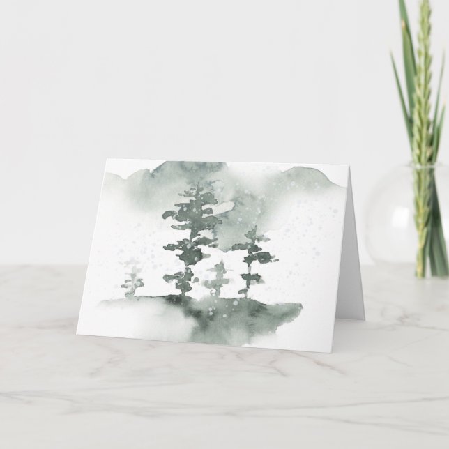Winter Pines Watercolor Urlaub Karte (Vorderseite)