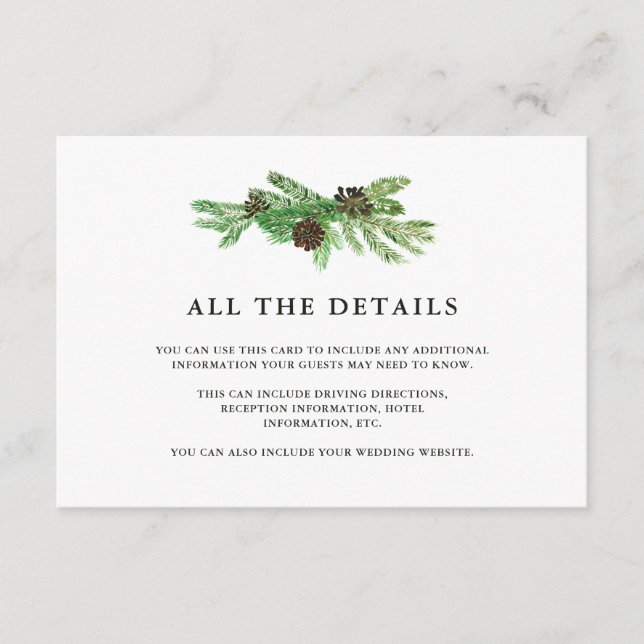 Winter Pines Wedding Guest Details Begleitkarte (Vorderseite)