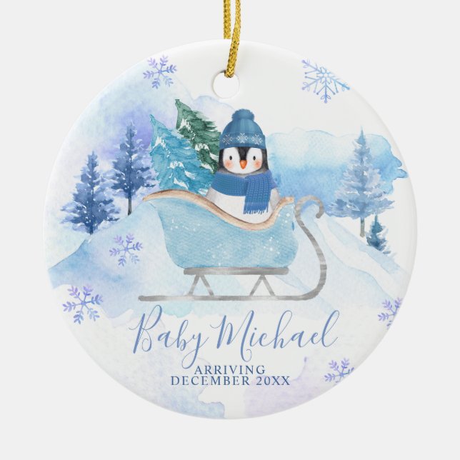 Winter Pinguin Baby Boy Schwangerschaft Ankündigun Keramik Ornament (Vorne)