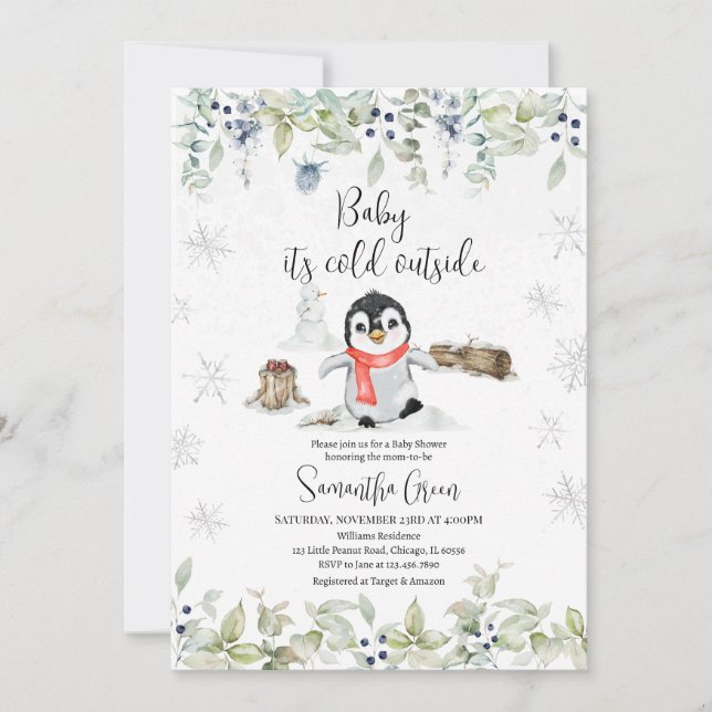 Winter Pinguin Baby Dusche Einladung (Vorderseite)