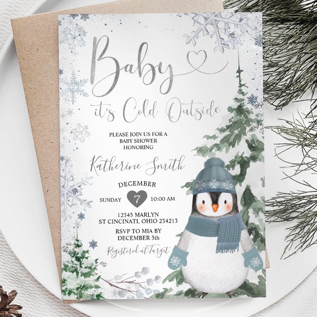 Winter Pinguin Baby Duschwald Schneeflocken Einladung (Von Creator hochgeladen)
