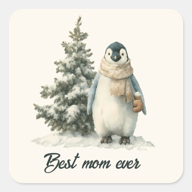Winter-Pinguin „Beste Mutter überhaupt“ Design Quadratischer Aufkleber (Vorderseite)