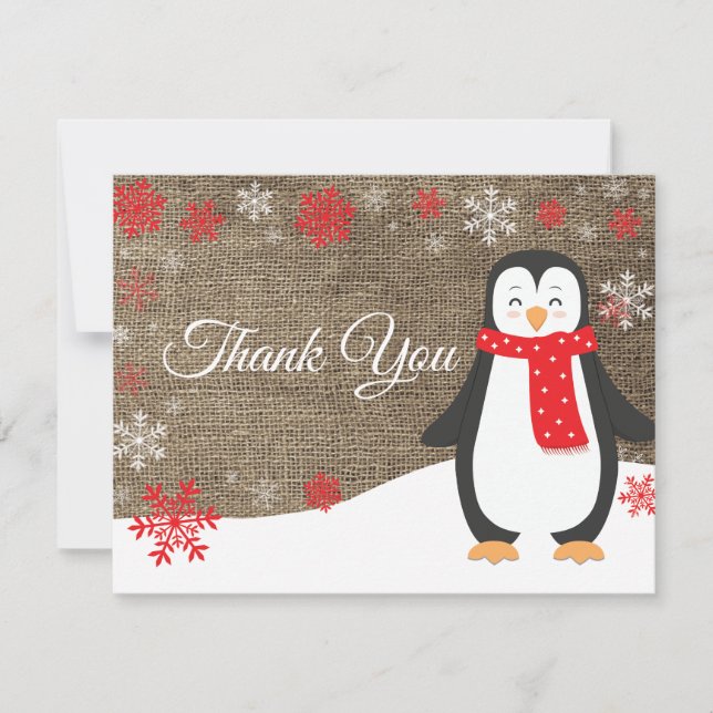 Winter Pinguin Red Snowflake Danke Karte (Vorderseite)