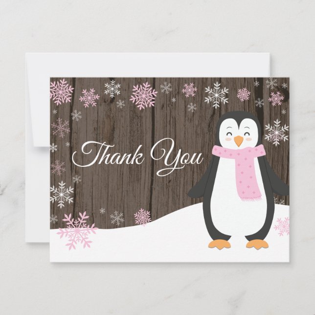 Winter-Pinguin-Schneeflocke-Rosa danken Ihnen zu Dankeskarte (Vorderseite)