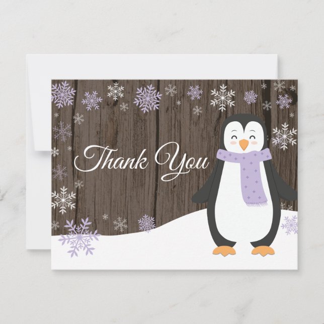 Winter Pinguin Snowflake Lila Danke Karte (Vorderseite)