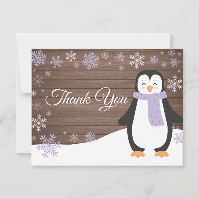 Winter Pinguin Snowflake Lila Danke Karte (Vorderseite)