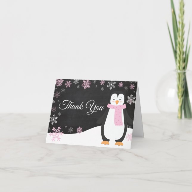 Winter Pinguin Snowflake Pink Danke Karte (Vorderseite)