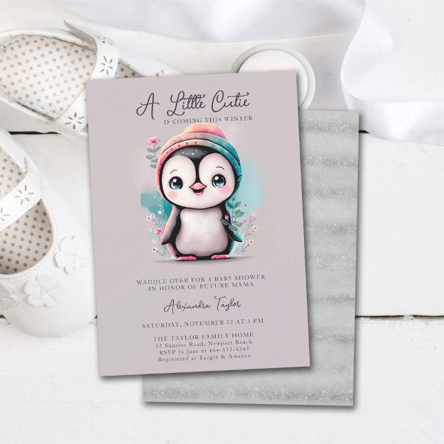 Winter Pinguin Süsse Pink Aquamarin Girl Baby Dusc Einladung (penguin baby shower invitation cute adorable sweet character watercolor pink teal lilac winter cold)