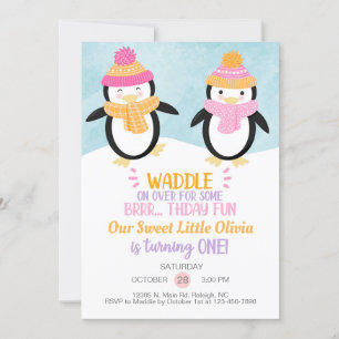 Winter Pinguine Mädchen Geburtstagseinladung. Einl Einladung