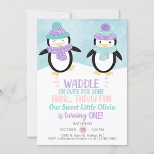 Winter Pinguine Mädchen Geburtstagseinladung. Einladung