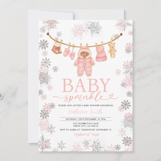 Winter Pink Baby Sprinkle Snowflakes Baby Dusche Einladung (Vorderseite)