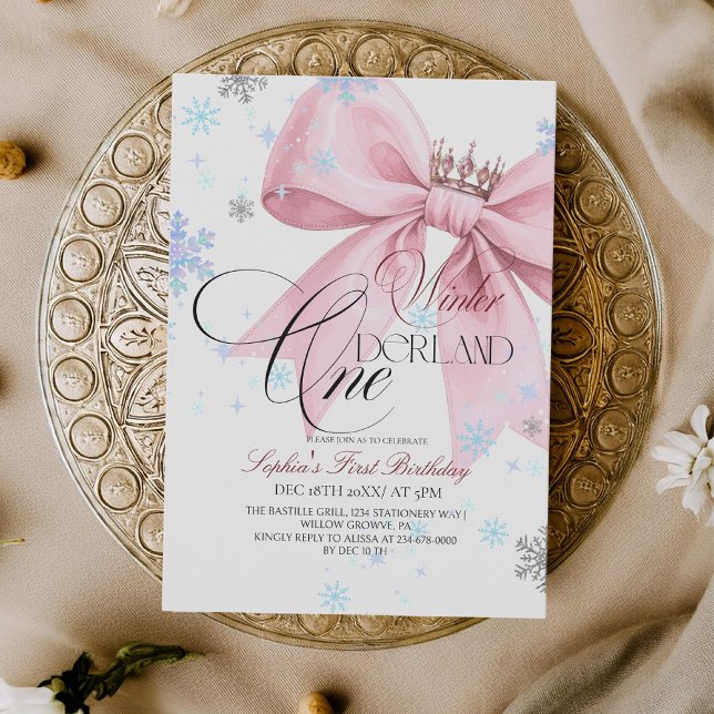 Winter Pink Bow 1st Birthday Party Einladung (Von Creator hochgeladen)