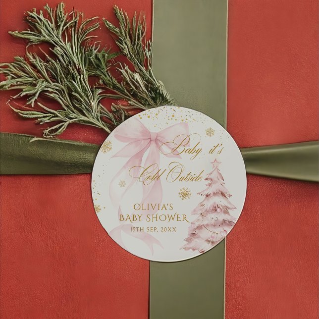 Winter Pink Bow It's Cold Outside Baby Shower Runder Aufkleber (Von Creator hochgeladen)