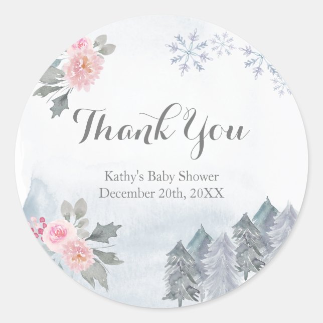 Winter Pink Floral Baby Dusche Danke Sticker (Vorderseite)