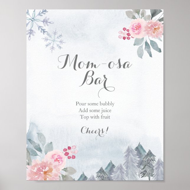 Winter Pink Floral Girl Momosa Bar Sign Poster (Vorne)
