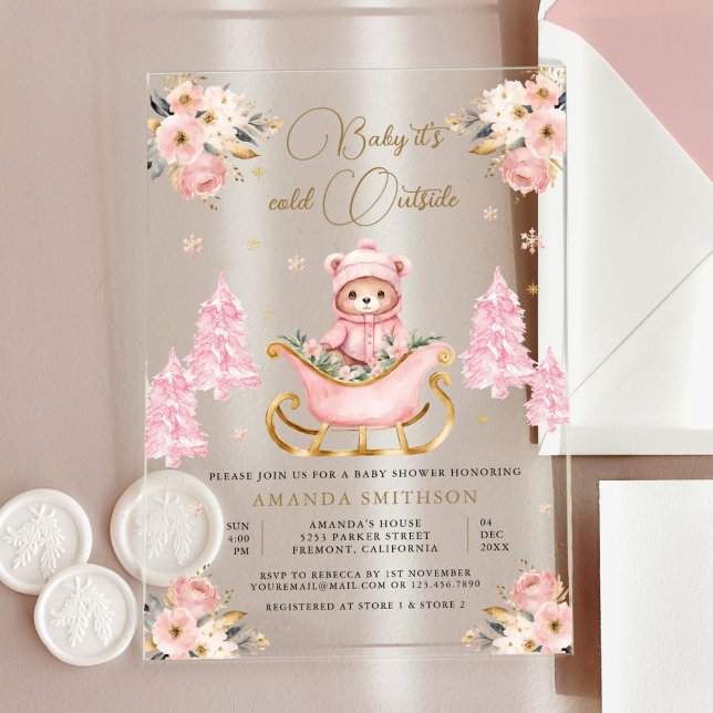 Winter Pink Gold Floral Teddy Bear Baby Dusche Acryleinladungen (Von Creator hochgeladen)