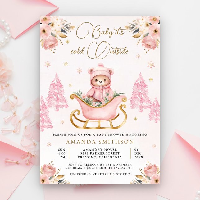 Winter Pink Gold Floral Teddy Bear Baby Dusche Einladung (Von Creator hochgeladen)